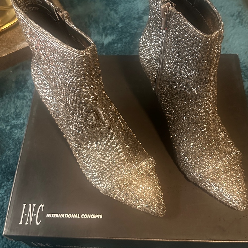 INC International Concepts Shimmering Jeweled Studded Dark Pewter Ankle Boots